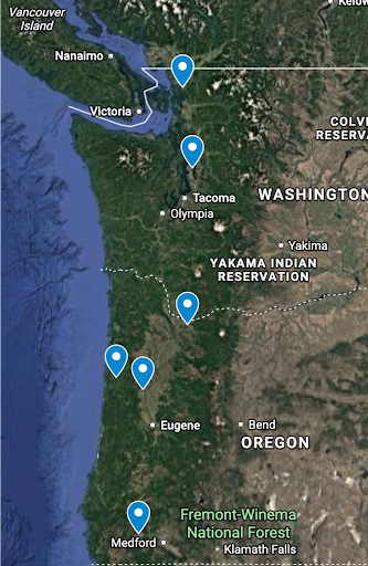 Alt text
“Map of Washington and Oregon with pins marking Western Water Resilience case study farm locations.